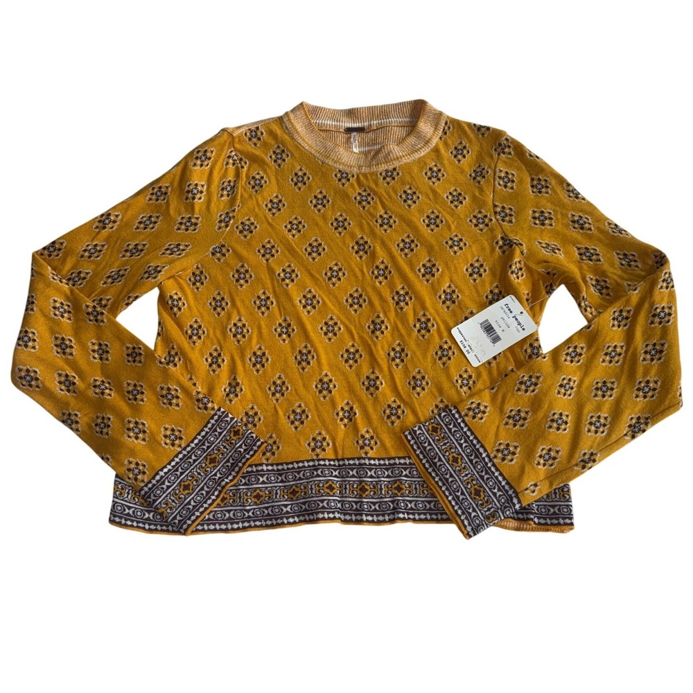 Free People Yellow Geometric Medallion Mock Neck Knit Top Womens Medium
